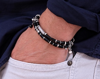 Black onyx heishi double-strand bracelet – oxidized sterling silver