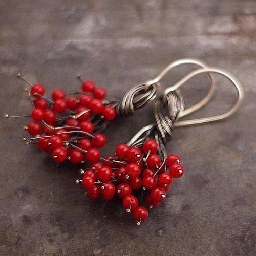 Boucles D'oreilles Pendentifs En Argent 925 Avec Corail Rouge Naturel - Forme Grappe, Artisanal - Pour Femme