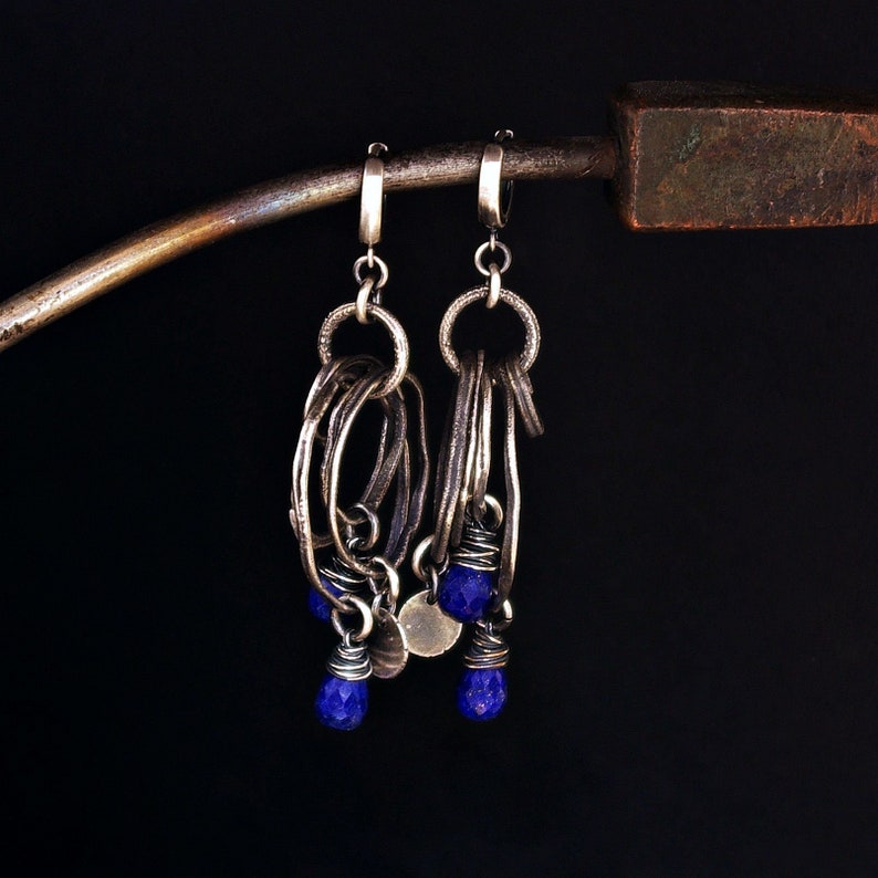 lapis lazuli earrings \u2022 sterling silver earrings \u2022 raw silver earrings \u2022 boho earrings \u2022 multi-circle earrings gift for women