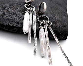 White freshwater pearl long earrings – oxidized sterling silver