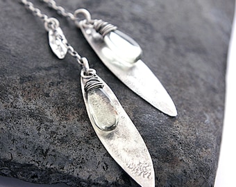 Green amethyst oxidized sterling silver dangle earrings – asymmetric leaf drops