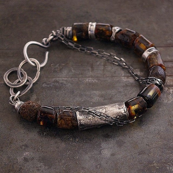 SALE ! MAY 22 - 31 Use CODE • Baltic amber bracelet • Chain raw silver bracelet • Organic 925 Sterling silver  • polished brown amber
