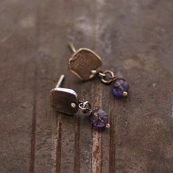 simple, raw studs with blue iolite .   sterling silver