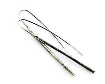 Long textured silver bar earrings – oxidized sterling silver