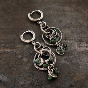 Emerald Oxidized Silver Earrings Raw Circle Hoops Boho Dangle Green Gemstone Jewelry