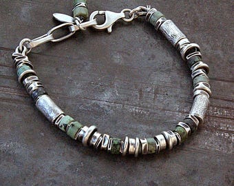 African turquoise 6 mm heishi bracelet in oxidized sterling silver