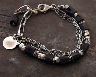 Black tourmaline bracelet in oxidized sterling silver multi chain jewelry