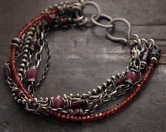 Garnet Ruby bracelet handmade of oxidized silver • multi strand beaded bracelet • unique birthday gift for her