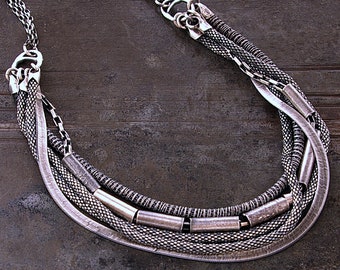 layer necklace with sterling silver • multi strand necklace and raw silver tube beads  • unique gift for her