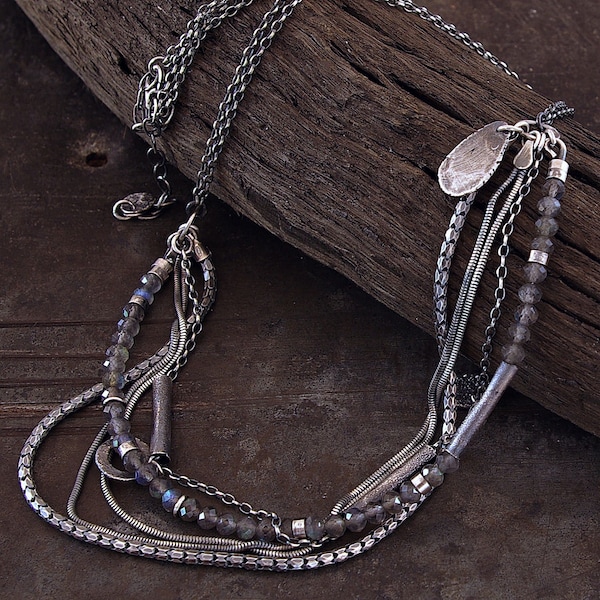 Collier délicat en labradorite et argent 925 • Collier multirang fait main • Cadeau unique pour femme