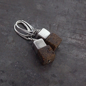 Baltic Amber Cube Earrings in Oxidized Sterling Silver Handmade Modern Jewelry