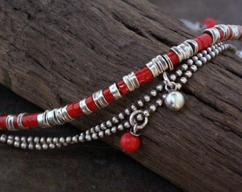 Sterling silver and red coral bracelet - double ball chain bracelet• birthday gift for her