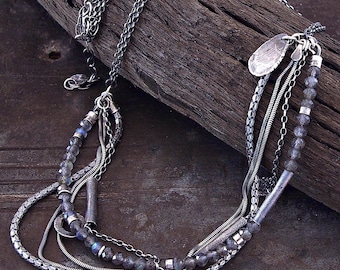 Labradorite oxidized sterling silver necklace – layered multi-chain charms