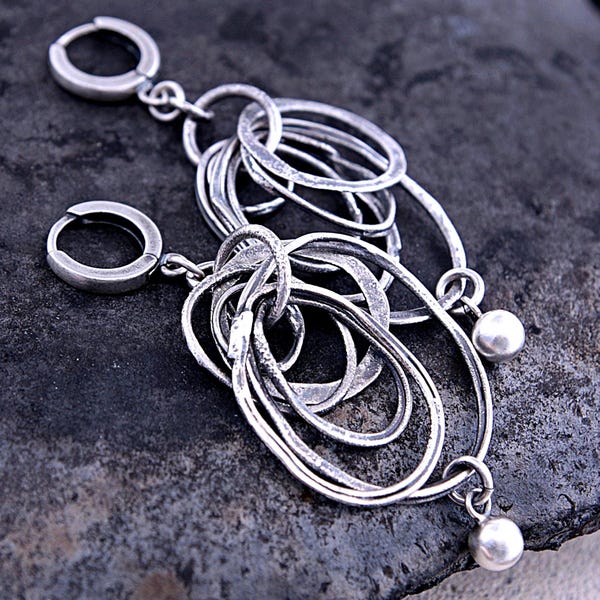 Oxidized sterling silver multi-hoop earrings – silver ball or blue chalcedony drop