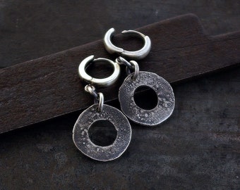 Circle dangle earrings with sterling silver • everyday minimal disk earrings • raw silver • modern silver hoops • unique gift for her