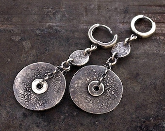 Oxidized sterling silver disc dangle earrings 2 3/4 in – textured chain drops