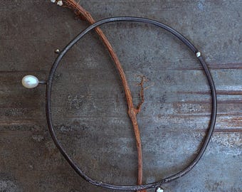 Oxidized silver twig bangle bracelet with white freshwater pearls