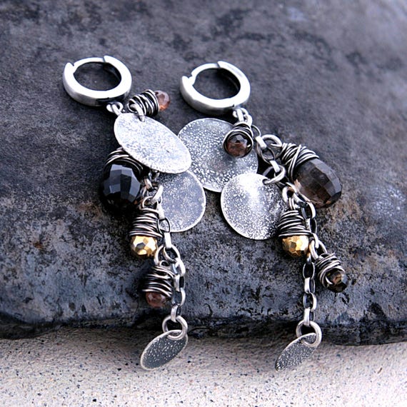 Smoky quartz pyrite long chain earrings in oxidized silver