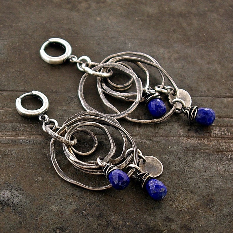 lapis lazuli earrings \u2022 sterling silver earrings \u2022 raw silver earrings \u2022 boho earrings \u2022 multi-circle earrings gift for women