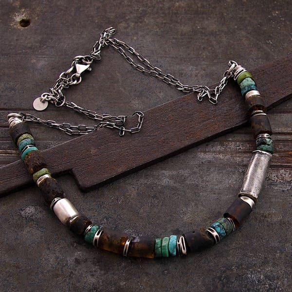 turquoise necklace • raw silver • oxidized silver necklace • 925 sterling silver • unique gift for her • raw amber necklace chain necklace