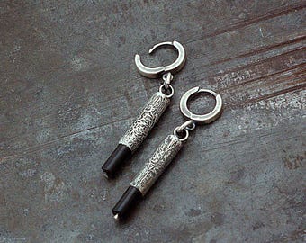Oxidized Sterling Silver Black Onyx Drop Earrings Handmade Minimalist Jewelry