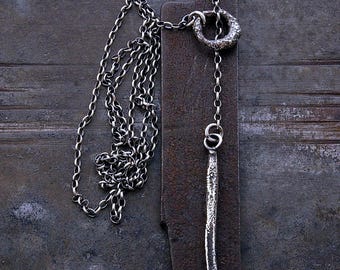Oxidized sterling silver circle bar lariat necklace – long Y chain