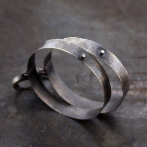 flat large sterling silver hoops • brushed silver and polished dot - 6 mm wide hoops  • Fine handcrafted contemporary earrings