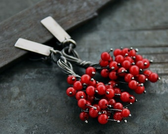 Red Coral Flower Earrings  Handmade Oxidized Sterling Silver