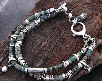 Men’s oxidized sterling silver bracelet with African turquoise heishi beads – 4–6 mm