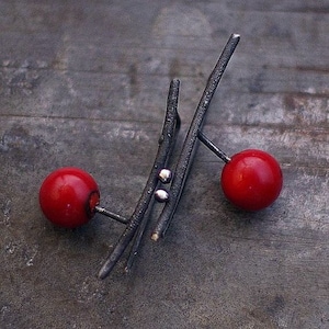 Coral twig earrings handmade of  925 silver • black bar stud earrings • unique gift for women