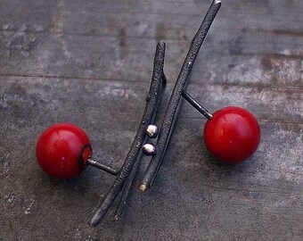 Coral twig earrings handmade of  925 silver • black bar stud earrings • unique gift for women