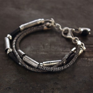 Black Onyx and sterling silver bracelet • multi-strand bracelet • snake chain bracelet • oxidized silver bracelet • raw silver bracelet