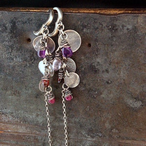 Sterling Silver Cluster Earrings with  Purple Amethyst Garnet, Mozambique, Rose Quartz and Ruby •  Very Long Chain summer earrings