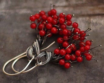 Red Coral cluster earrings with sterling silver • red flower earrings • birthday gift for women