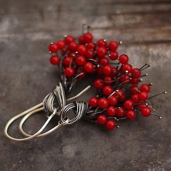 Red Coral cluster earrings with sterling silver • red flower earrings • birthday gift for women