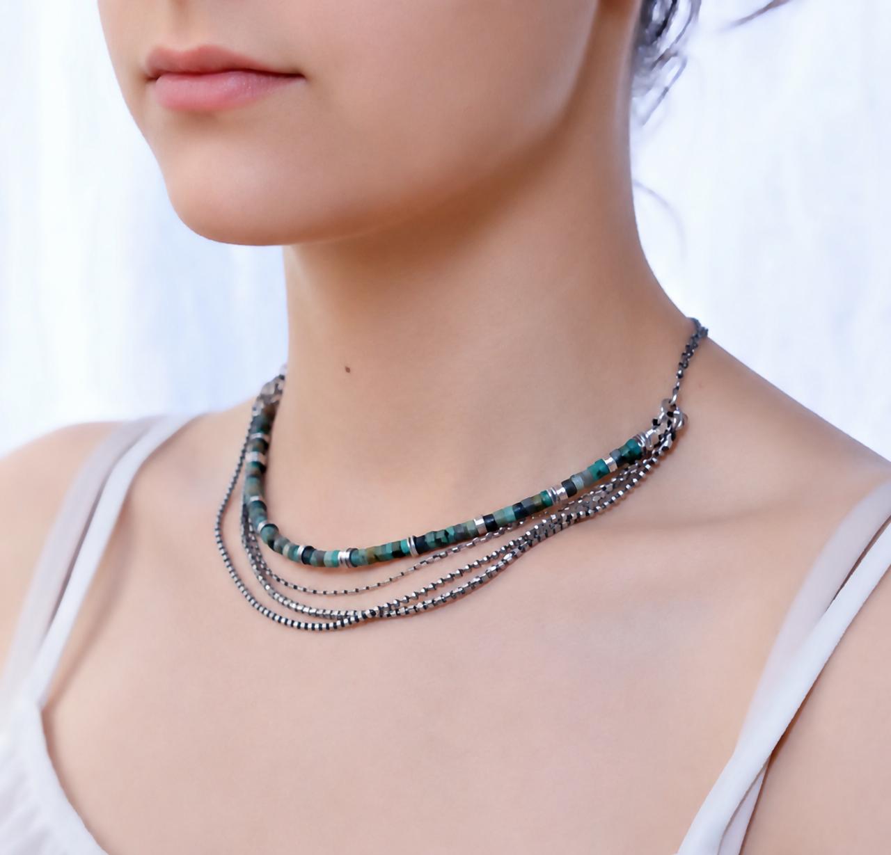 African Turquoise 4 Mm Oxidized Silver Necklace – Multi-chains and