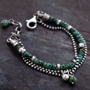 African Turquoise bracelet handmade with oxidized sterling silver Modern green tone bracelet and double ball chain image 2