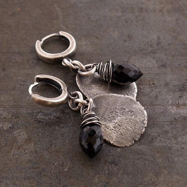 Get 15% off • raw silver with black spinel earrings • raw disc • 925 silver • oxidize silver • every day simple