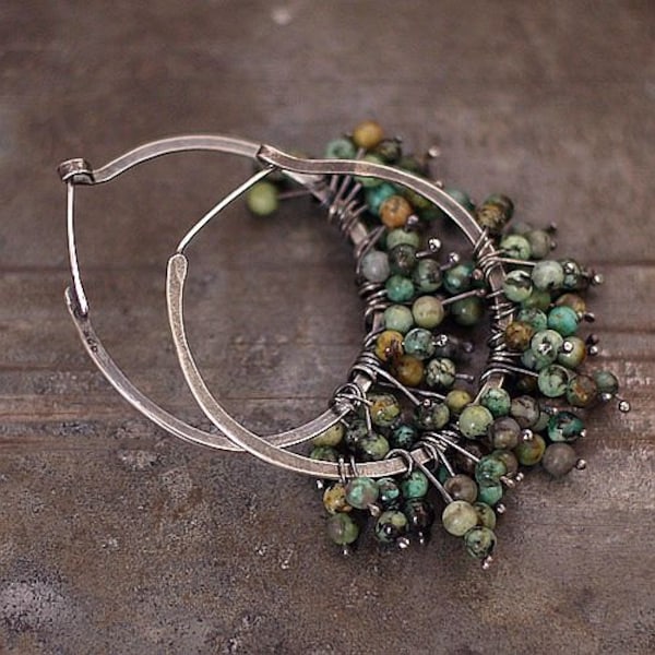 large hoops and Green African turquoise earrings handmade of sterling silver  •  unique gift for women