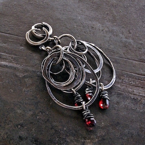Mozambique garnet boho earrings handmade in raw oxidized silver circles Red Wine Stone Jewelry