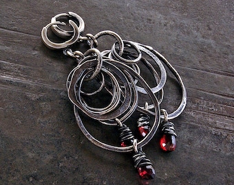 Red Wine Garnet earrings • Handmade Multi Circles sterling silver earrings and Garnet Mozambique