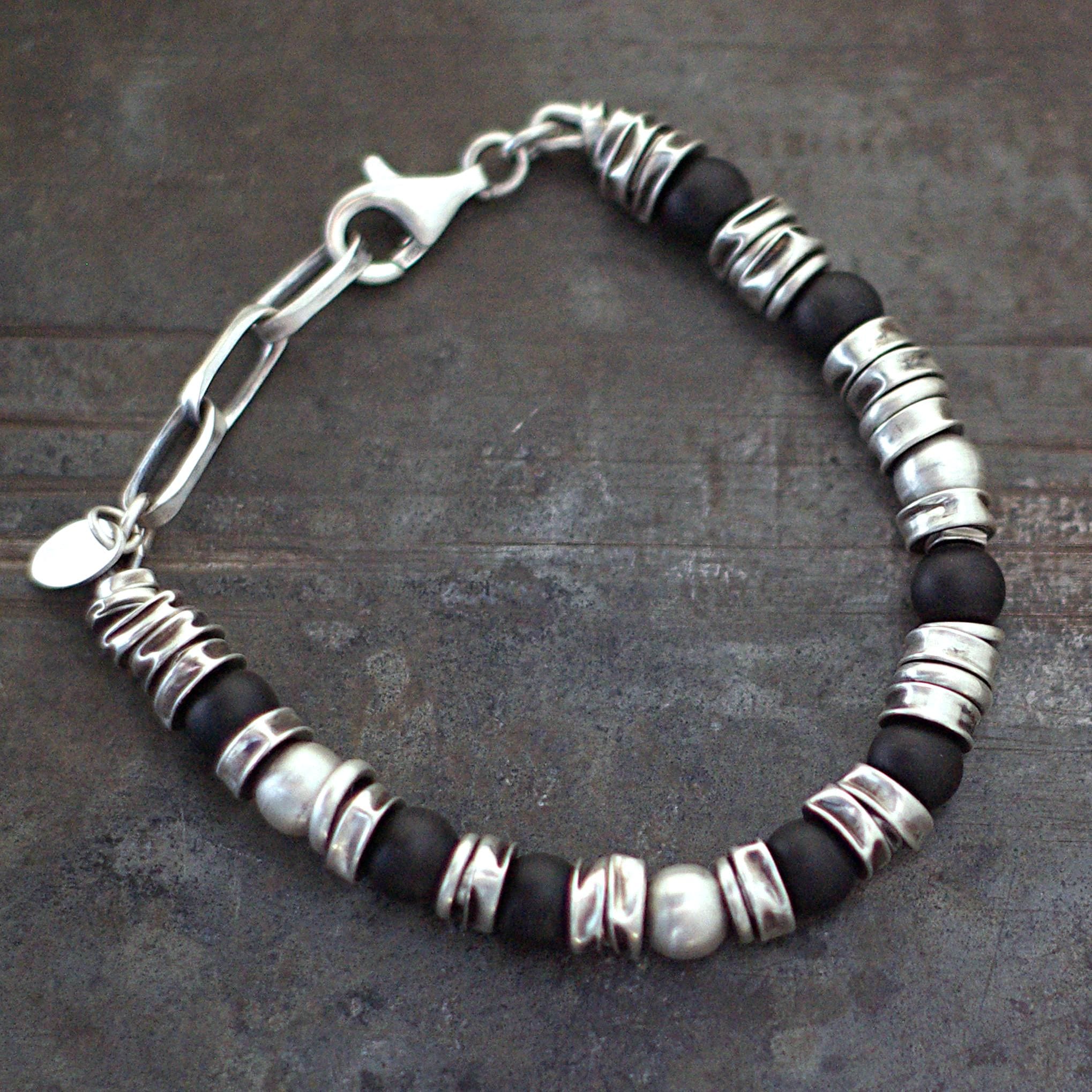ブラックオニキス メンズ 酸化シルバーブレスレット – 8 mm マット