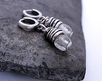 Rustic glass bead hoop earrings – oxidized sterling silver