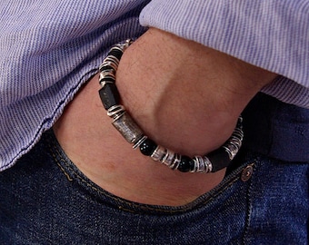 Black Tourmaline and Onyx bracelet handmade of  925 sterling silver •  unique gift for him • raw silver men's bracelet