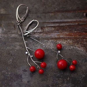 Red coral twig earrings handmade of oxidized silver • floral romantic gift for her •