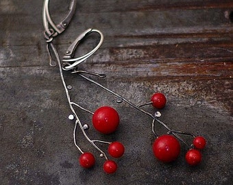 Red coral twig earrings handmade of oxidized silver • floral romantic gift for her •