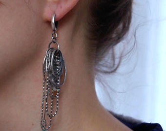 Long aquamarine circle chain earrings – oxidized sterling silver