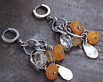 Matte Baltic amber oxidized silver 2.5 in drop earrings – forged circles