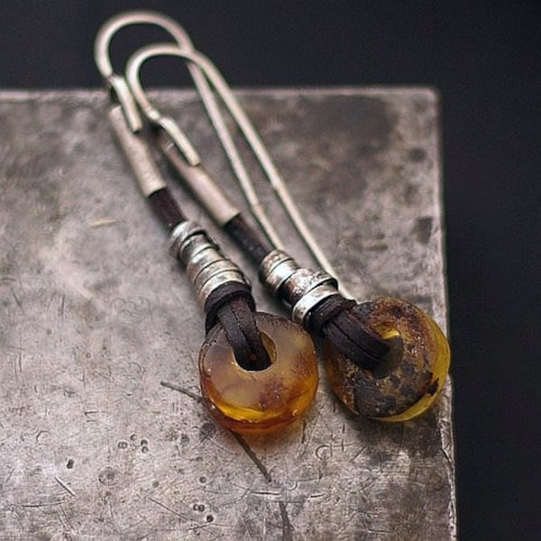 Get 15% off Baltic amber earrings with raw sterling silver • natural leather earrings • earthy jewelry • gift for women • raw stone