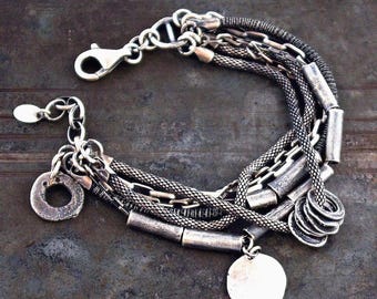 Oxidized sterling silver multi-strand bracelet – layered chain